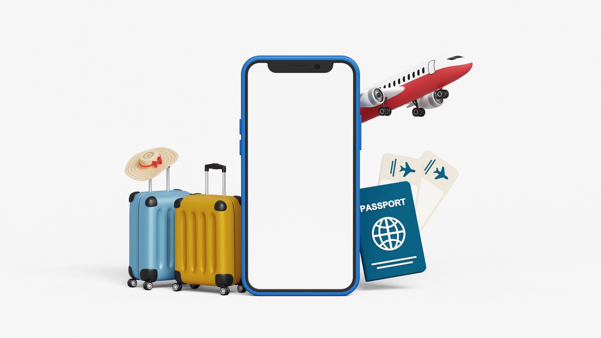 Trip planning, tourism, world tour concept. Online ticket booking service. Book vacation destinations online on mobile application. Smartphone with airplane, suitcases, passport and travel accessories
